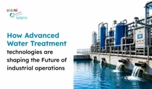 Industrial water treatment facility with blue tanks and pipes discharging treated water, illustrating advanced water treatment technologies.