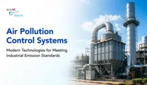 Industrial air pollution control systems with large metal filtration equipment under a bright blue sky and text about emission standards.