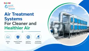 Industrial air treatment system with large ducting and air filtration units promoting cleaner, healthier air and environmental sustainability.
