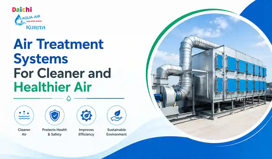 Industrial air treatment system with large ducting and air filtration units promoting cleaner, healthier air and environmental sustainability.