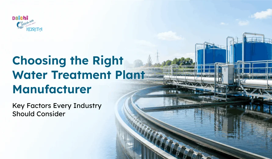 Water treatment plant with large tanks and circular clarifier, alongside text about choosing the right water treatment plant manufacturer.