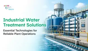 Industrial water treatment plant with tanks, pipes, and filtration system under a clear blue sky for plant operation solutions.