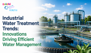 Industrial water treatment plant with tanks and pipelines under a blue sky, highlighting innovations in efficient water management.