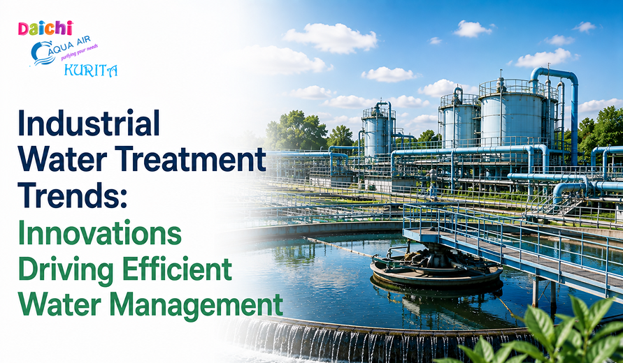 Industrial water treatment plant with tanks and pipelines under a blue sky, highlighting innovations in efficient water management.