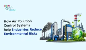 Factory smokestacks emitting black smoke on the left and clean air with green leaves on the right, illustrating air pollution control systems.