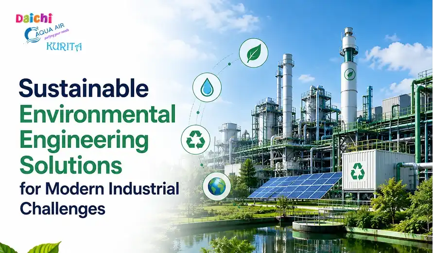 Industrial facility with solar panels and recycling symbols promoting sustainable environmental engineering solutions.