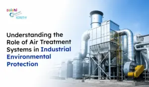 Industrial air treatment system with ducts and filters, highlighting their role in environmental protection.