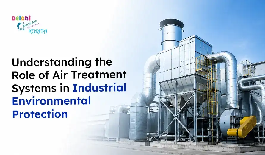 Industrial air treatment system with ducts and filters, highlighting their role in environmental protection.
