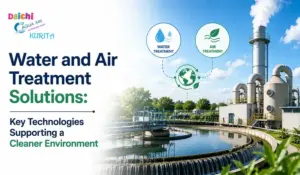Water and air treatment solutions promoting cleaner environment with industrial treatment plant and eco-friendly icons.