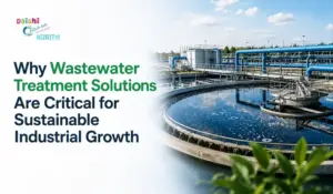 Wastewater treatment facility with text on its importance for sustainable industrial growth, featuring logos of Daichi, Aqua Air, and Kurita.