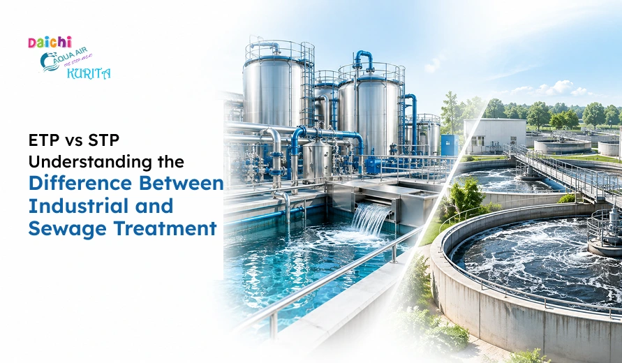 Graphic comparing industrial effluent treatment and sewage treatment plants, with tanks, pipes, and aeration basins.