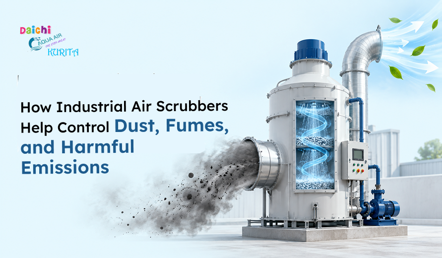 Industrial air scrubber system filtering dust, fumes, and harmful emissions through ducts for cleaner industrial air.