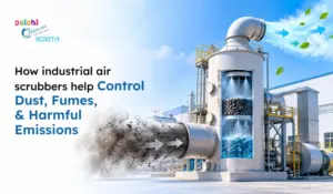 Industrial air scrubber filtering dusty emissions at a factory, illustrating control of dust, fumes, and harmful emissions.