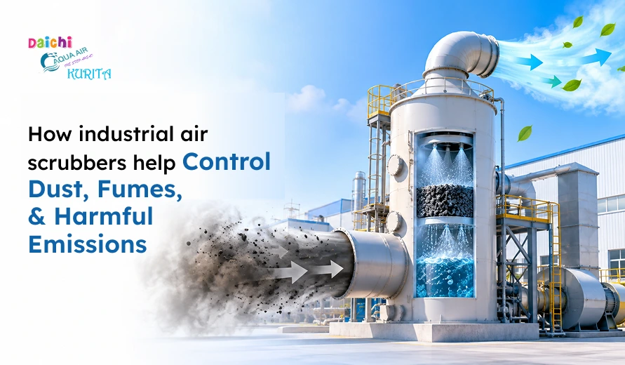 Industrial air scrubber filtering dusty emissions at a factory, illustrating control of dust, fumes, and harmful emissions.
