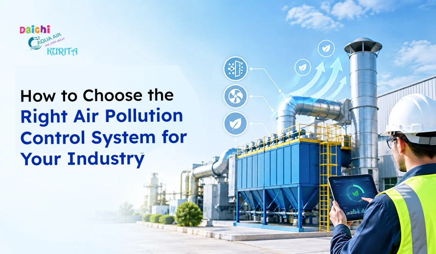 Industrial air pollution control system with ducts, filtration equipment, and a worker monitoring the facility with a tablet.