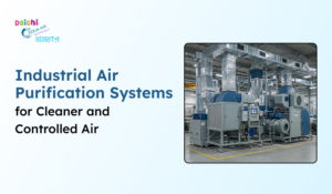 Industrial air purification systems installed in a modern facility, featuring large air ducts and filtration equipment for cleaner and controlled air.