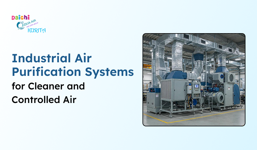 Industrial air purification systems installed in a modern facility, featuring large air ducts and filtration equipment for cleaner and controlled air.
