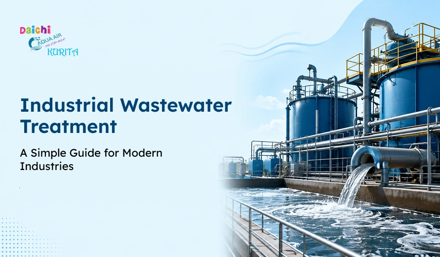 Industrial wastewater treatment plant with large blue tanks, pipes, and water discharge, illustrating modern wastewater treatment for industries.