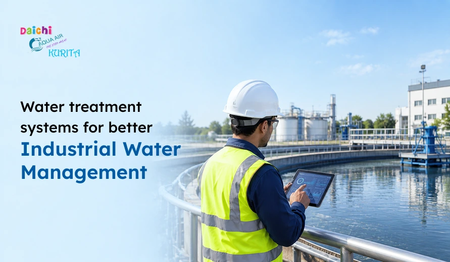 Industrial water treatment facility with a worker in safety gear monitoring water management systems using a tablet.