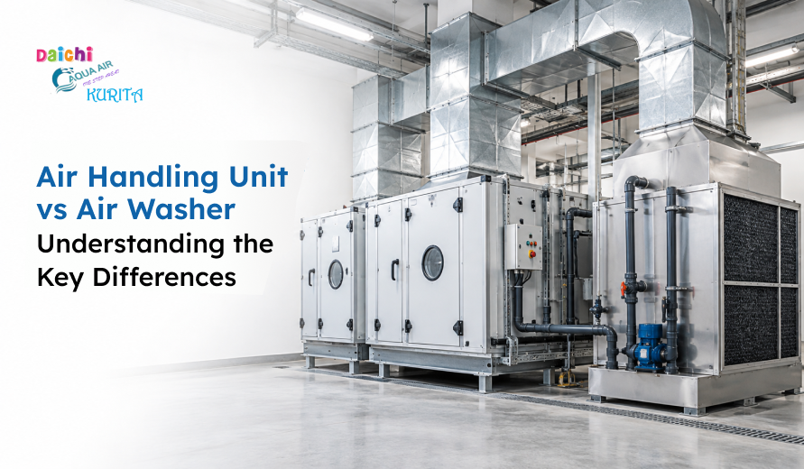 Air handling unit and portable air washer with airflow graphics, alongside text comparing their key differences.